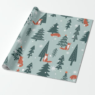 Papel De Regalo Zorros, abetos, nieve, dibujado a mano. Marea colo