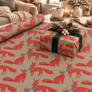 Papel De Regalo Zorros Rojos Kraft Rústicos en una Cita de Acebo