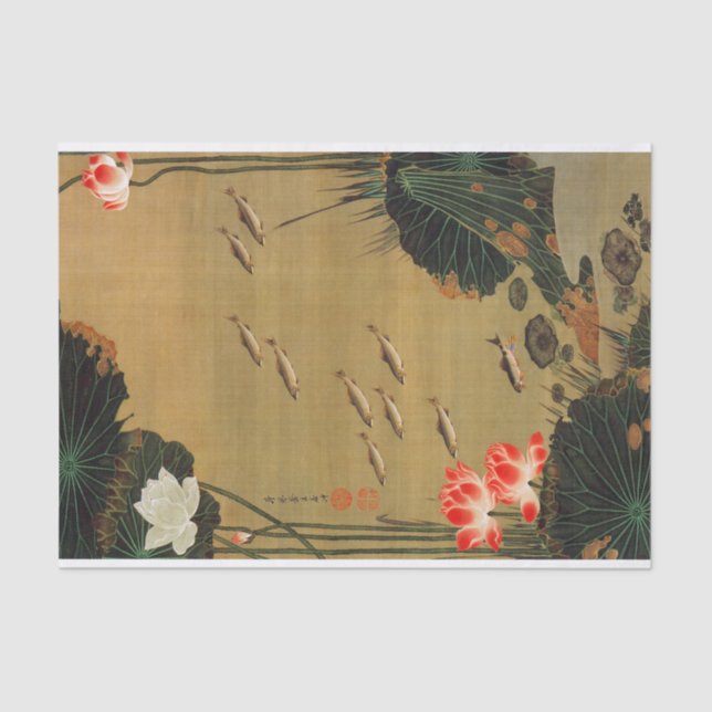 Papel De Seda 蓮 池 遊 魚 図, 若 Pond con el Lotus, Jakuchū (Anverso)