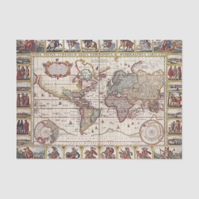 Papel De Seda 1652 mapa del mundo, mapa del mundo del atlas del (Anverso)