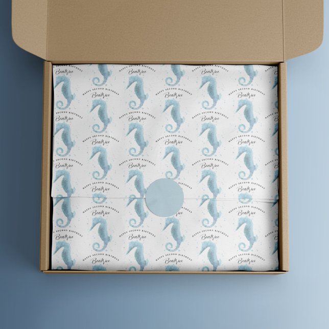 Papel De Seda 2.º caballito de mar azul polvoriento personalizad (Dusty Blue Seahorse Birthday Tissue Wrap)