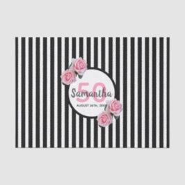 Papel De Seda 50 años rayas blancas negras flores rosadas