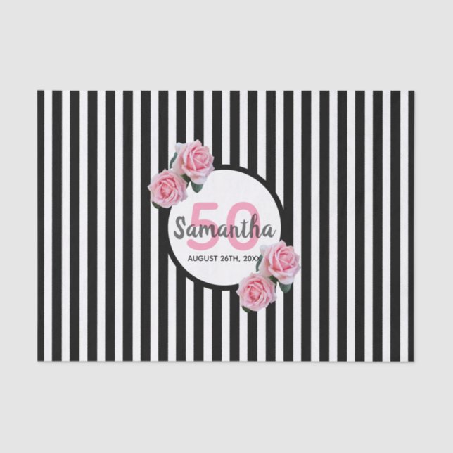 Papel De Seda 50 años rayas blancas negras flores rosadas (Anverso)