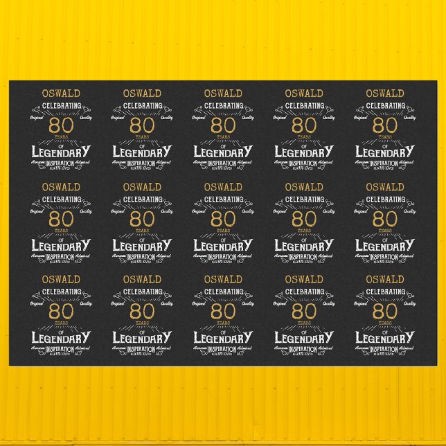 Papel De Seda 80.º cumpleaños Black Gold Legendary Retro (Vintage Black Gold Elegant tissue paper - Personalized 80th Birthday Celebration wrapping.)