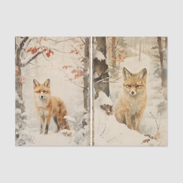 Papel De Seda A Separate Pair of Foxes in the Winter Forest (Anverso)