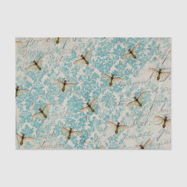 Papel De Seda Abeja Damasco Azul Vintage (Anverso)