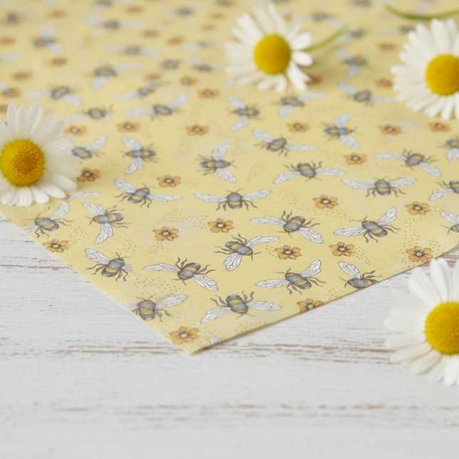 Papel De Seda Abeja Melífera de Moda Amarilla Zumbante de Primav (Fun Modern Floral Bee Tissue Paper. Yellow & Black Honey Bees & Daisy Flowers Vintage Insect Pattern)