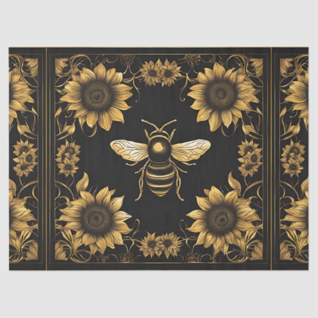Papel De Seda Abeja y girasoles dorados y negros (Anverso)