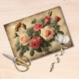 Papel De Seda Abeja y mariposa vintage con rosas rosas rosas