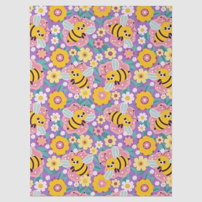 Papel De Seda Abejas y Flores de Dibujos Animados Adorables (Anverso)