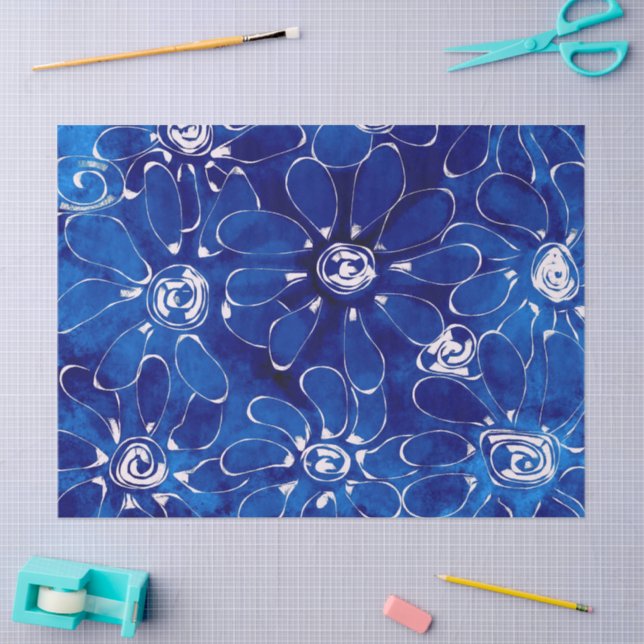 Papel De Seda Abstract Flowers Daisies Blue Floral Decoupage (Artesanía)