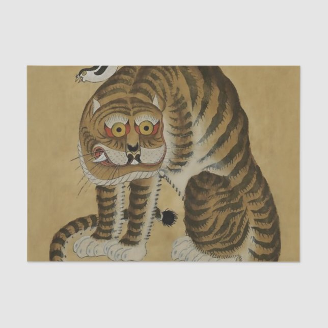 Papel De Seda Aburriéndose del tigre Minhwa con el magpie (Anverso)