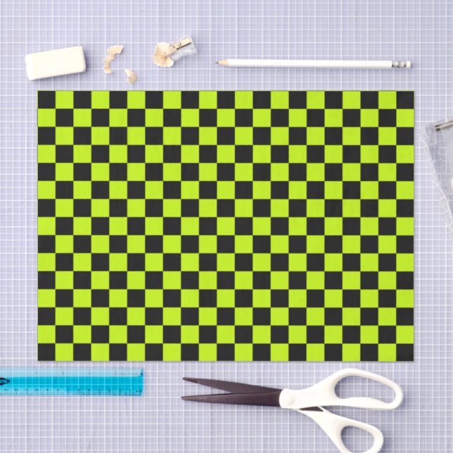 Papel De Seda Acid green black checkerboard pattern (Artesanía)