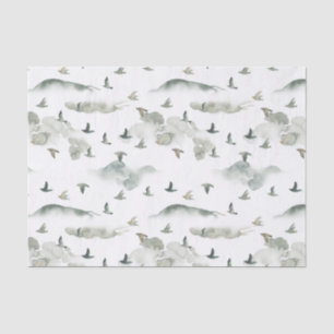 Papel De Seda Acuarela Aves Voladoras Gris y Blancas