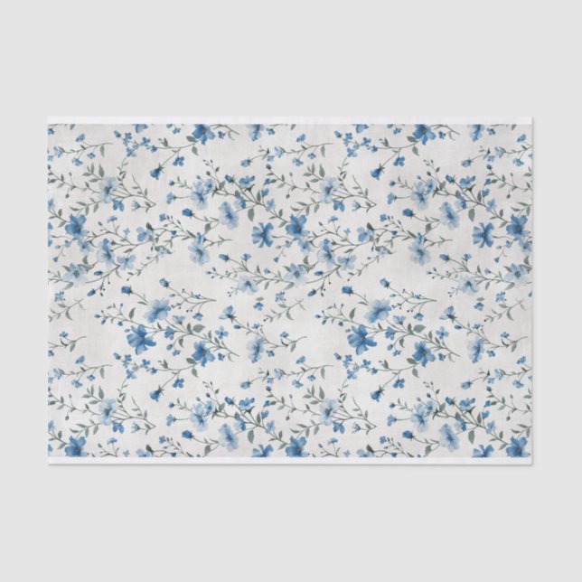 Papel De Seda Acuarela Azul Flores Botánicas Patrón No. 1 (Anverso)