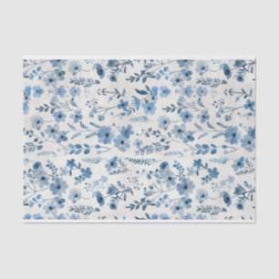 Papel De Seda Acuarela Azul Flores Botánicas Patrón No. 2