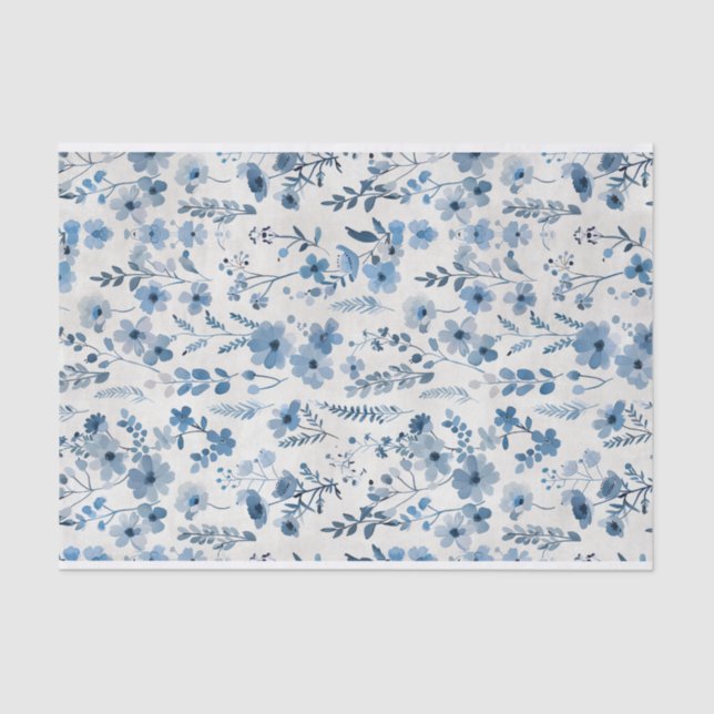 Papel De Seda Acuarela Azul Flores Botánicas Patrón No. 2 (Anverso)
