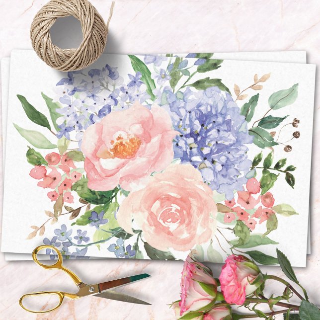 Papel De Seda Acuarela Azul Rosa Hydrangea Peony Spring Floral (In situ)