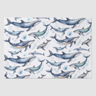 Papel De Seda Acuarela ballenas azules y delfines, animal marino
