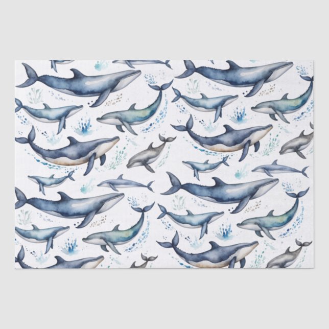 Papel De Seda Acuarela ballenas azules y delfines, animal marino (Anverso)