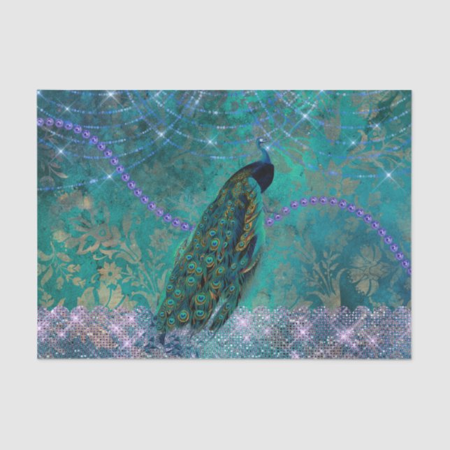 Papel De Seda Acuarela Boho Green Purple Peacock (Anverso)