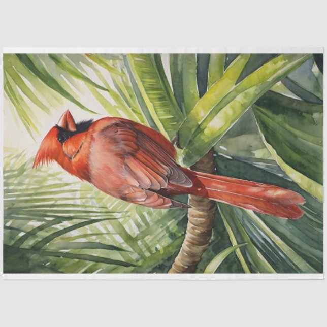 Papel De Seda Acuarela Cardinal Árbol Tropical Decoupage (Anverso)