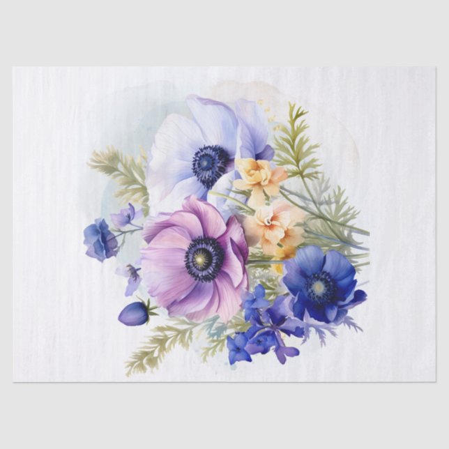 Papel De Seda Acuarela de flores de anemia y larkspur (Anverso)