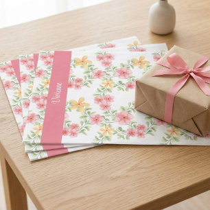 Papel De Seda Acuarela de flores silvestres naranja rosa verde