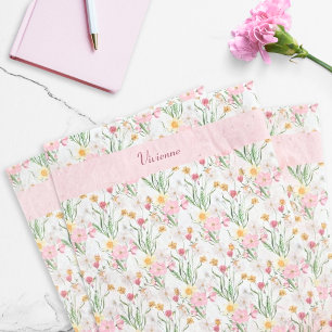 Papel De Seda Acuarela de flores silvestres rosadas y verdes