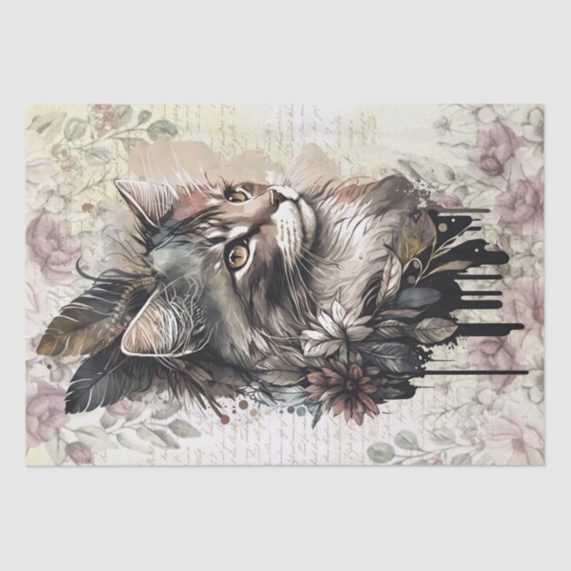 Papel De Seda Acuarela De Gato Floral Boho (Anverso)