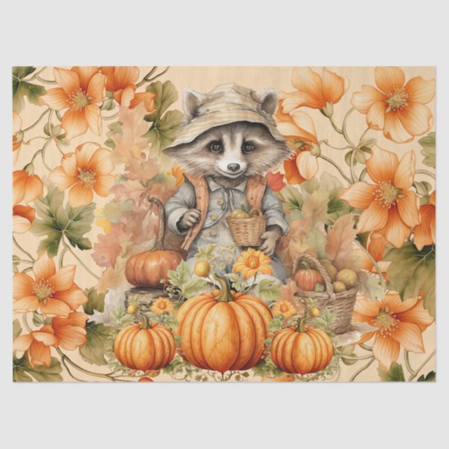 Papel De Seda Acuarela de Halloween Raccoon y calabazas desconch (Anverso)