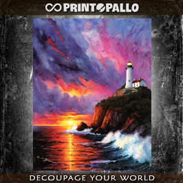 Papel De Seda Acuarela de mar tormentoso con faro al atardecer