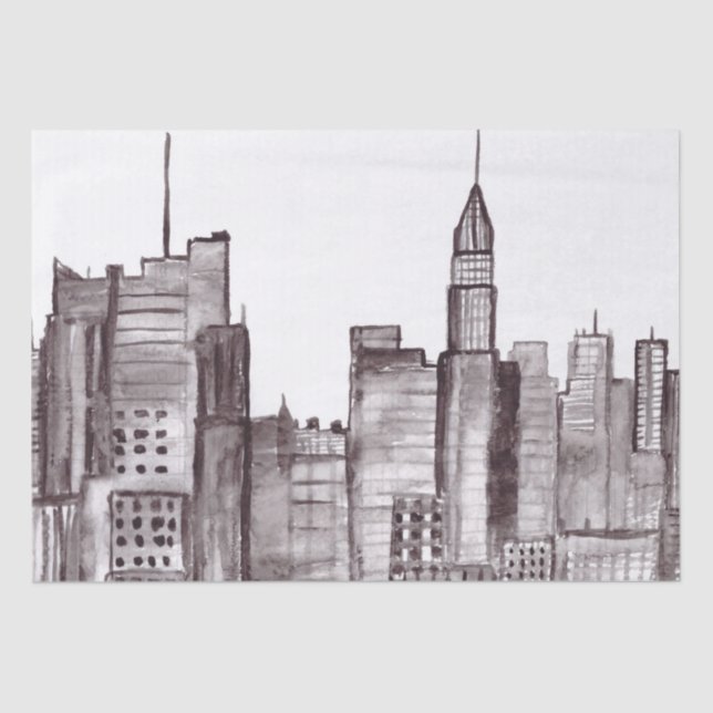 Papel De Seda Acuarela de Nueva York Manhattan Skyline Black (Anverso)