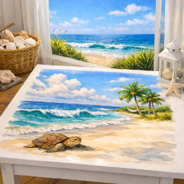 Papel De Seda Acuarela de playa con tortuga marina 