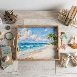 Papel De Seda Acuarela de playa costera y palmeras