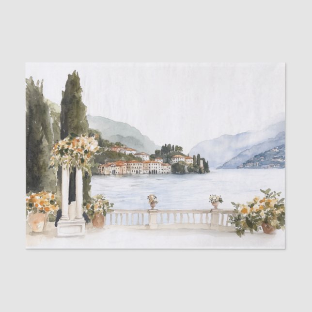 Papel De Seda Acuarela del lago Como de Italia (Anverso)