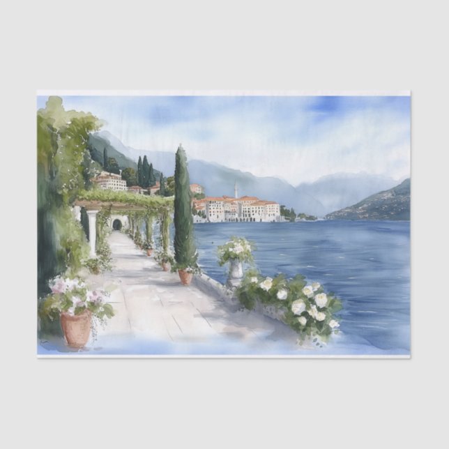 Papel De Seda Acuarela del lago Como de Italia (Anverso)