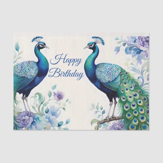 Papel De Seda Acuarela floral de pavo real (Anverso)