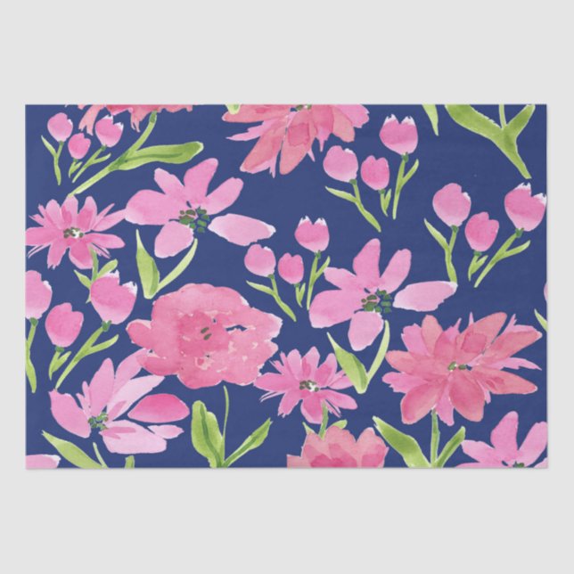 Papel De Seda Acuarela floral rosa sobre fondo naval (Anverso)