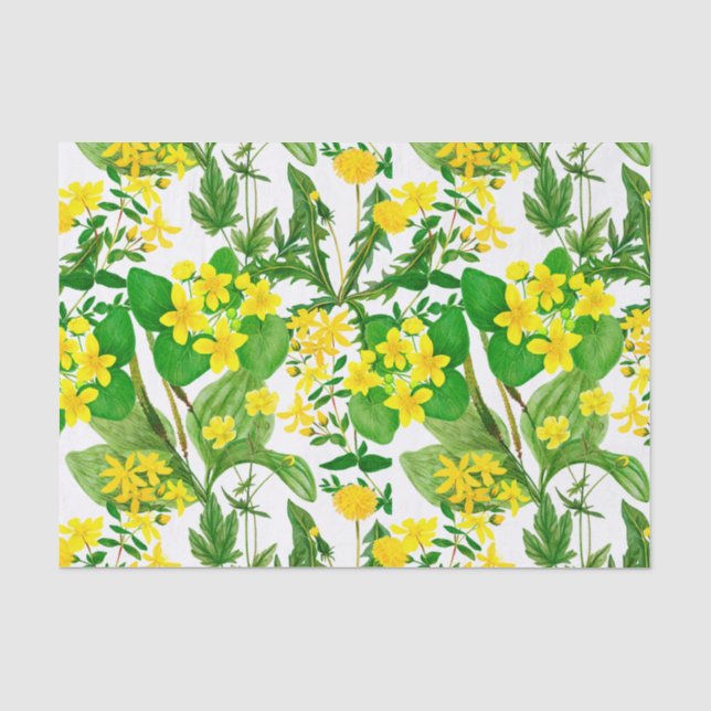 Papel De Seda Acuarela Flores y hierbas aromáticas amarillas Bot (Anverso)