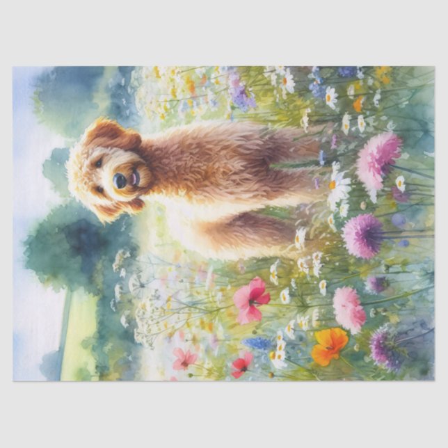Papel De Seda Acuarela Goldendoodle Perro Flores salvajes Desnud (Anverso)
