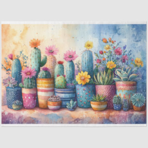 Papel De Seda Acuarela Jardín Cactus y Decoración de Flores