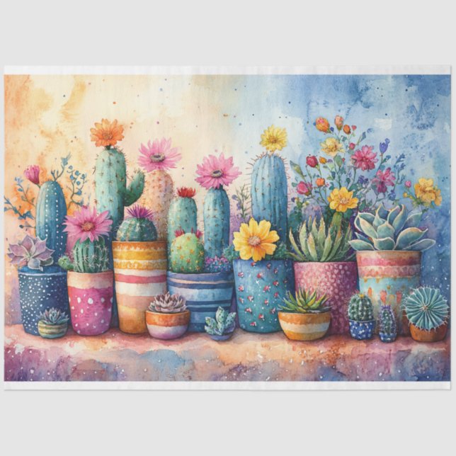 Papel De Seda Acuarela Jardín Cactus y Decoración de Flores (Anverso)