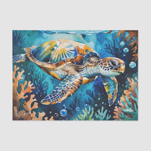 Papel De Seda Acuarela Mar Tortuga Decoración oceánica (Anverso)