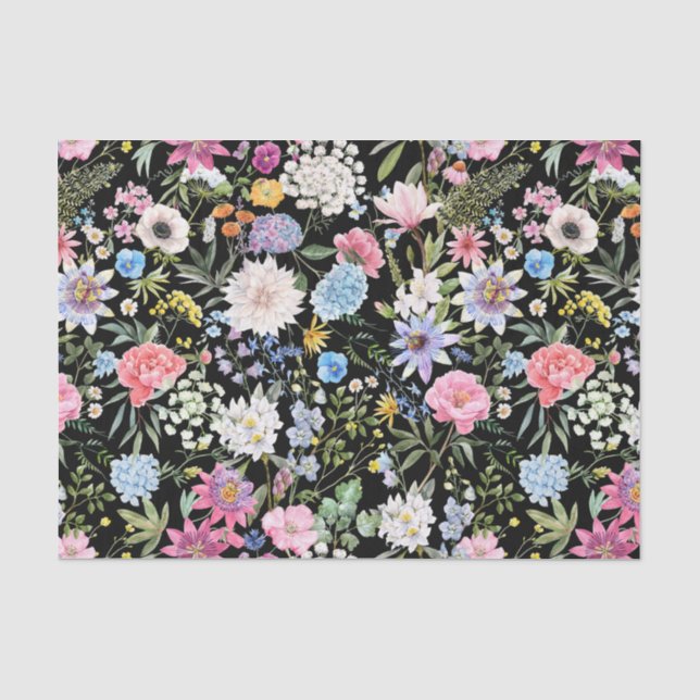 Papel De Seda Acuarela mixta Jardín Flores Negro (Anverso)