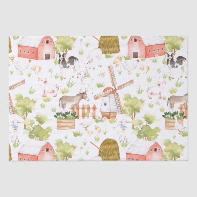 Papel De Seda Acuarela Nursery Farm Land Animales (Anverso)