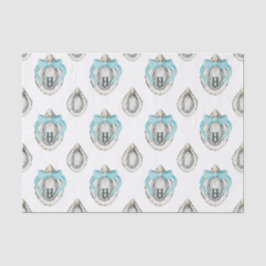 Papel De Seda Acuarela Ostras Costeras Monograma Bow Azul