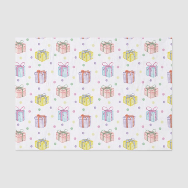 Papel De Seda Acuarela Presentes de Cumpleaños y Confetti (Anverso)