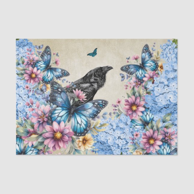 Papel De Seda Acuarela Raven Hidrangea Azul y Mariposas (Anverso)