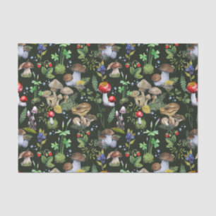 Papel De Seda Acuarela Selva Vegetación Mushrooms Berries Green